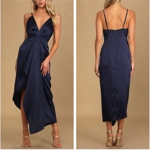 Lulus Caught Feelings Navy Blue Satin Ruffled Midi Dress